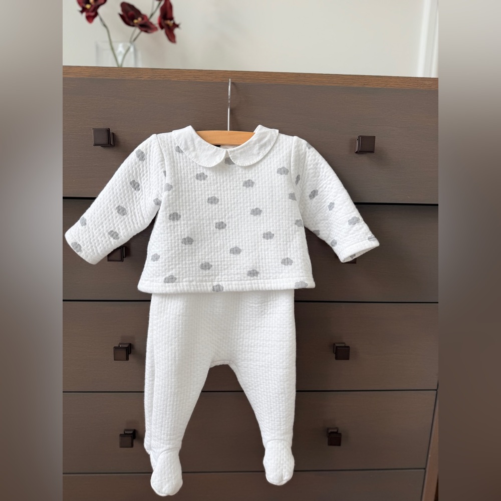 Jacadi White Baby One-Piece with Light Gray Cloud 12m